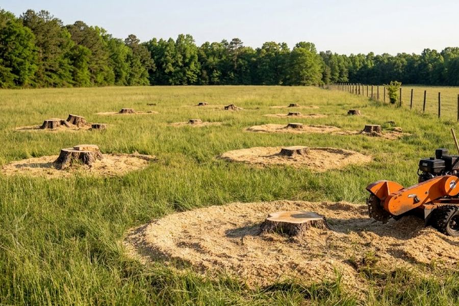 Ground stump and fresh chips in a Nashville, TN yard
